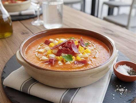 Salmorejo cordobés en un cuenco tradicional con sus guarniciones