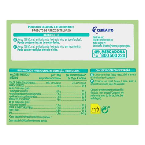 Etiqueta nutricional de tortitas de arroz