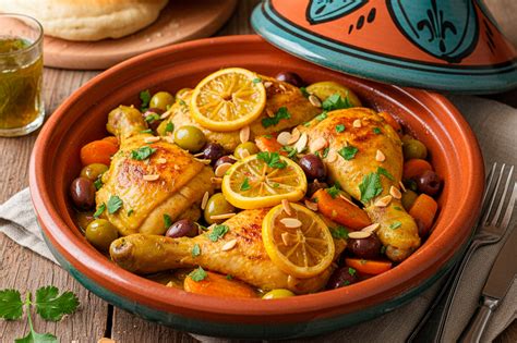 Plato de pollo marroquí con aceitunas y especias tradicionales