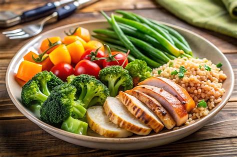 Plato saludable con arroz, verduras y proteínas