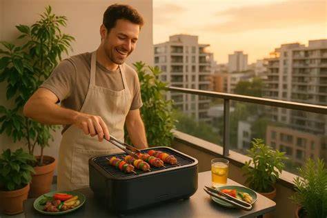 Persona cocinando en una barbacoa sin humo en un balcón