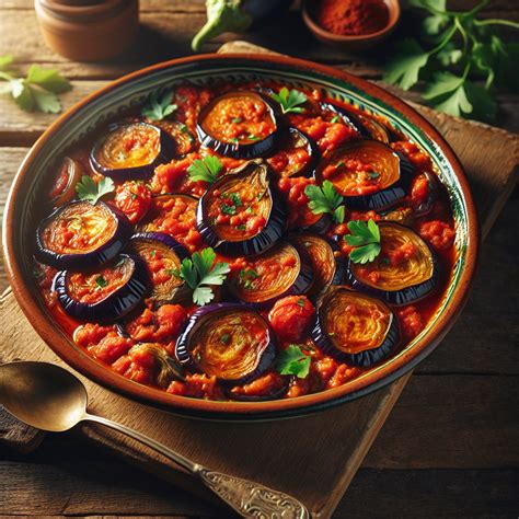 Guiso de berenjena, pimiento y tomate con huevo