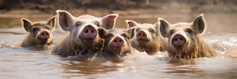 Grupo de cerdos nadando en las aguas turquesas de Pig Island