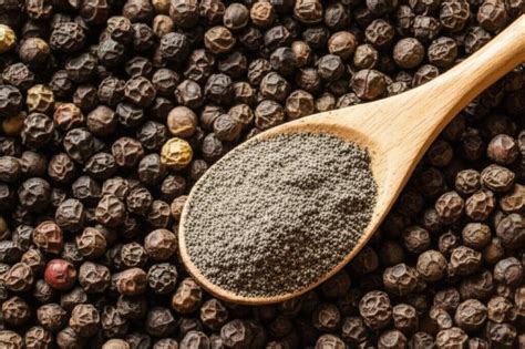 Granos de pimienta negra y una taza de infusión de pimienta negra