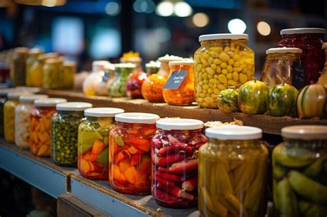 Variedad de frascos con verduras encurtidas coloridas