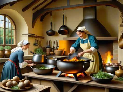 Ilustración antigua de una cocina tradicional europea