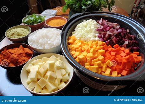 Ingredientes frescos cortados listos para la olla de caldo
