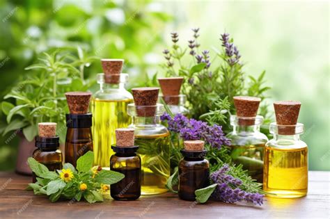 Botellas de cristal con mezclas aromáticas y aceites esenciales