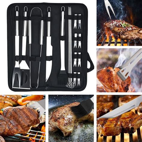 parrilla con carne y utensilios de cocina