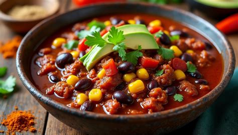 plato de chili sin carne servido en un bol con ingredientes frescos