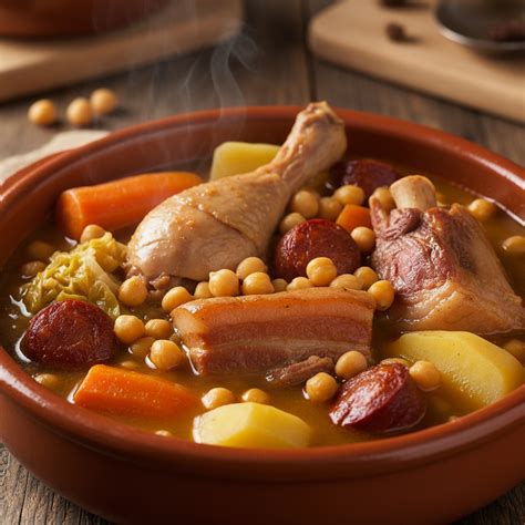 Plato de cocido madrileño con garbanzos y carnes variadas