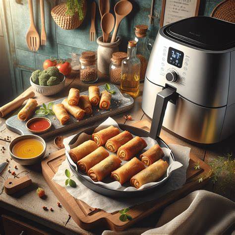 Airfryer en acción cocinando rollitos de primavera