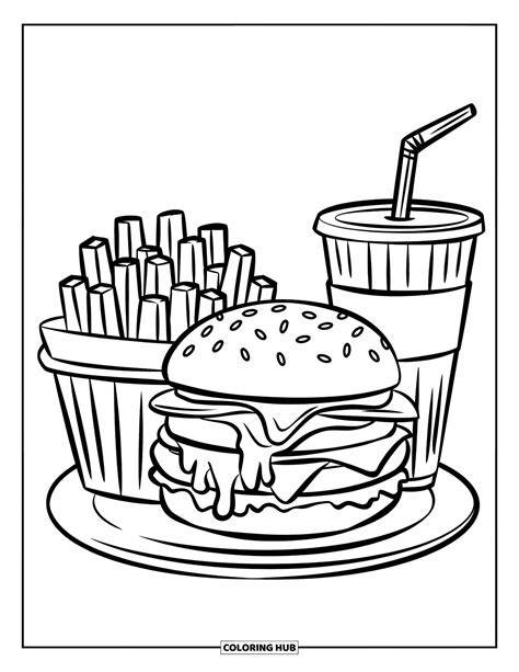 Dibujo para colorear de un set de cine con palomitas, hamburguesa y Coca-Cola