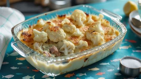 Plato de coliflor gratinada con atún recién salida del horno