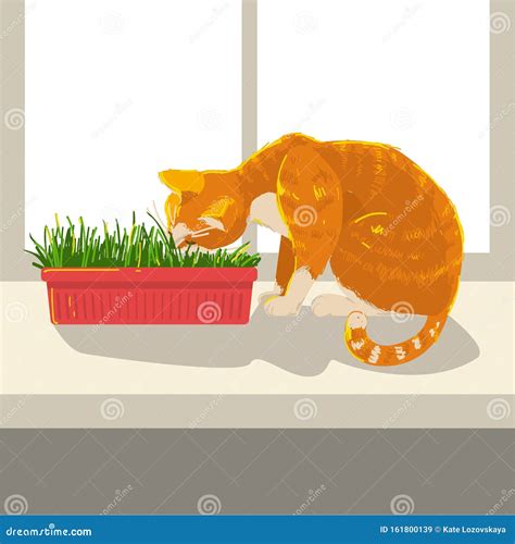 Ilustración de un gato comiendo hierba en un jardín