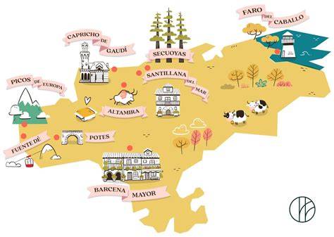 Mapa turístico de Cantabria con los principales puntos de interés alrededor de Santillana del Mar