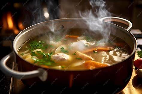 Olla de sopa de verduras hirviendo a fuego lento