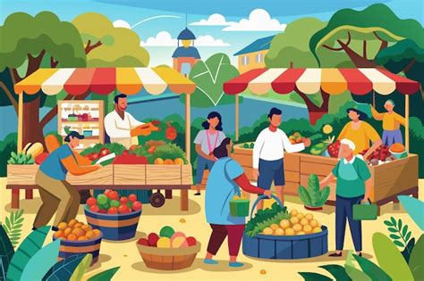Ilustración de personas comprando verduras directamente a un agricultor en un mercado