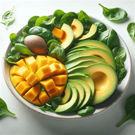 Plato de panqueques verdes de espinacas servidos con aguacate y ensalada