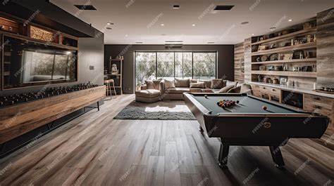 Interior de salón rústico con billar y juegos