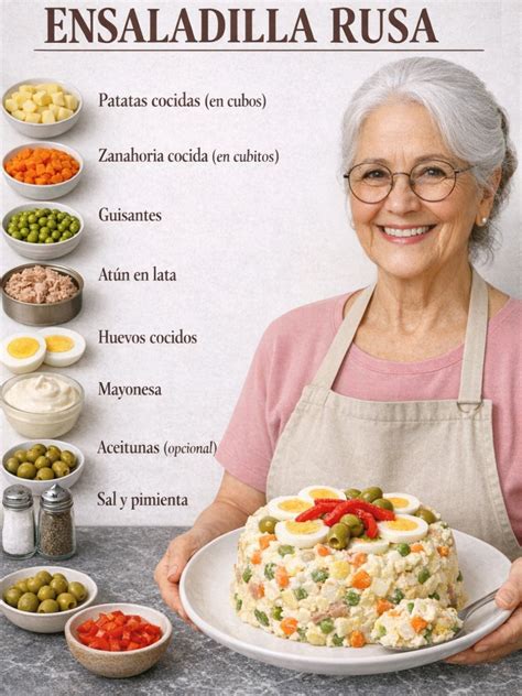 Mesa con ingredientes para ensaladilla rusa: patatas, zanahorias, huevos, guisantes, atún y aceitunas.