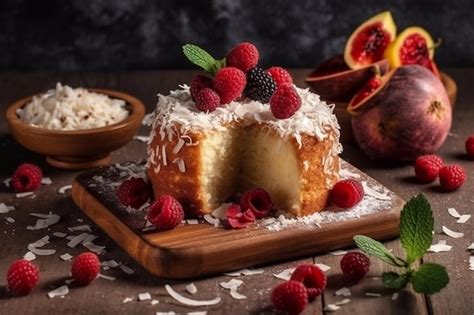 Bizcocho de kéfir decorado con mermelada y coco