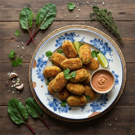 Plato de croquetas de acelga recién hechas servidas con ensalada fresca