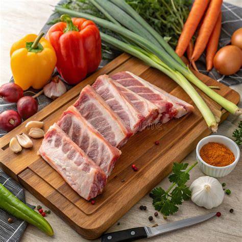 Costillas de res crudas y verduras frescas para cocción