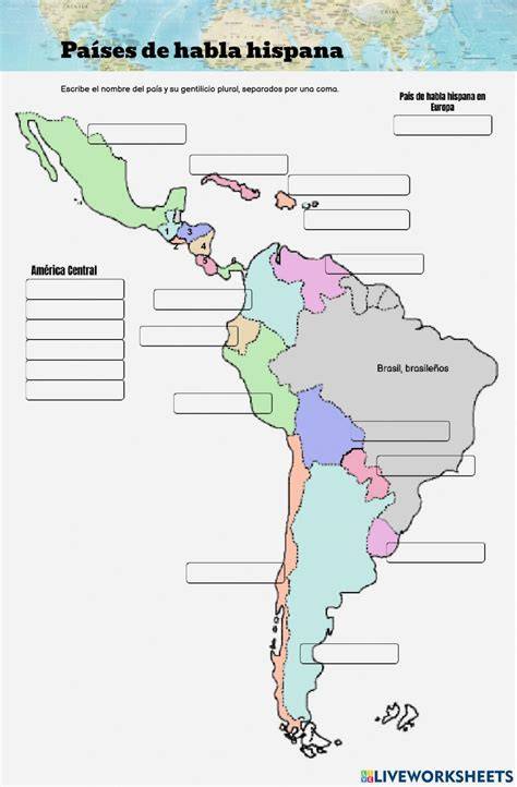 Mapa de países de habla hispana con énfasis en América Latina y España
