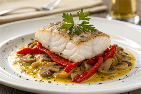 Plato de bacalao con pimientos servido