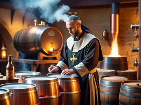 Monjes elaborando cerveza en un monasterio medieval