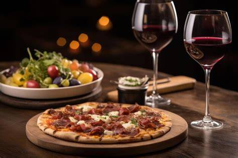 Vino tinto y pizza de jamón serrano en la mesa