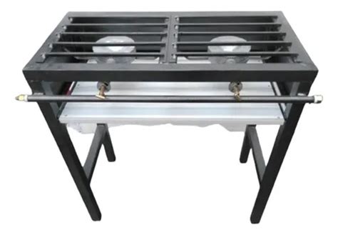 Parrilla de gas de dos quemadores con estantes plegables