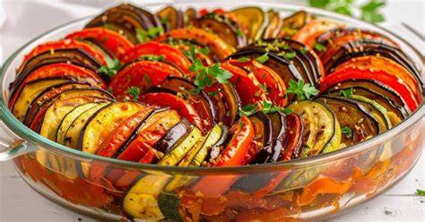 Disposición de las verduras para la ratatouille al horno