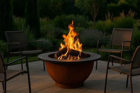 Brasero de jardín con fuego encendido