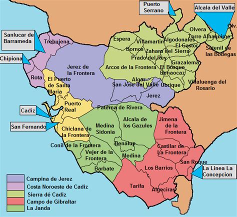 Mapa de la provincia de Cádiz destacando Jerez de la Frontera
