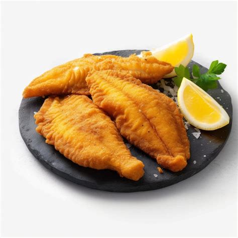 Plato de filetes de merluza fritos con rodajas de limón y guarnición
