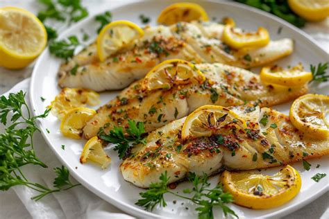 Merluza fresca en una tabla de cortar con limón y hierbas aromáticas