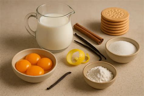 Ingredientes básicos para natillas: leche, huevos, azúcar, vainilla, canela y limón