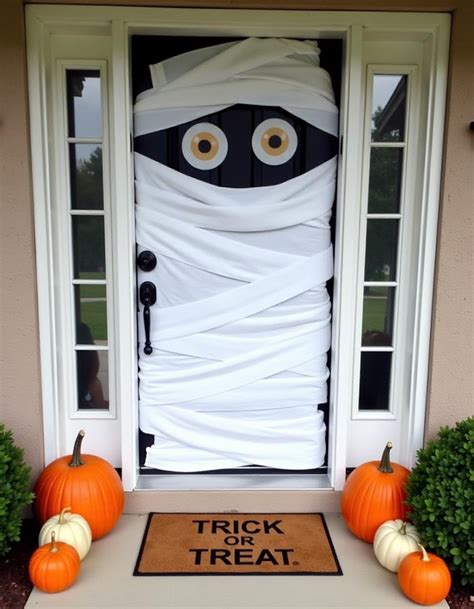 Puerta de Halloween decorada con telas blancas para un efecto fantasmagórico