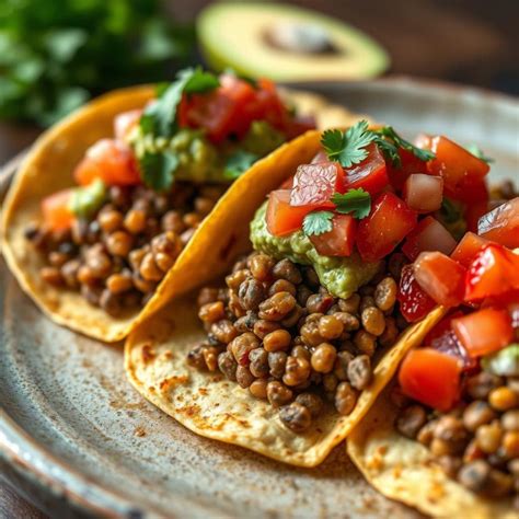 Plato de tacos de lentejas rojas