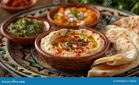 Mesa con varios mezze árabes, incluyendo hummus, baba ganoush y tabulé