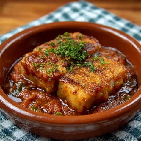 Bacalao a la vizcaína servido en cazuela
