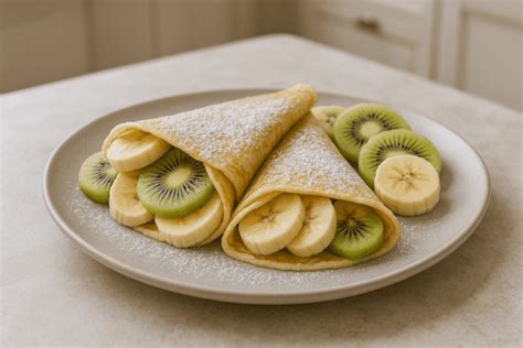 Plato de crepes decorados con frutas frescas y yogur