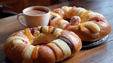 Mesa con una Rosca de Reyes cortada, chocolate caliente y figuras del Niño Jesús
