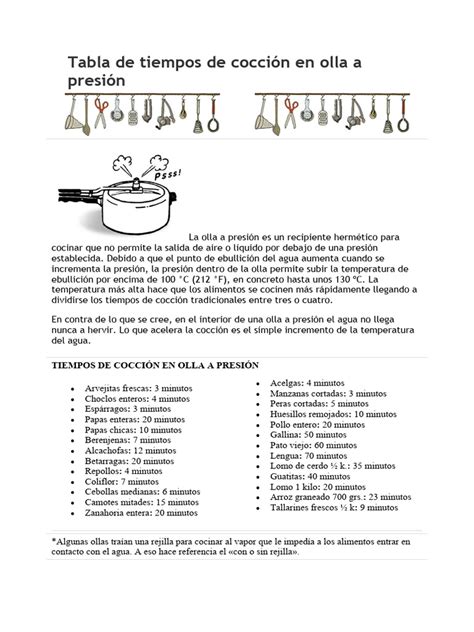 Tabla de tiempos de cocción en olla a presión
