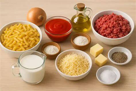 Ingredientes para macarrones con carne picada y bechamel
