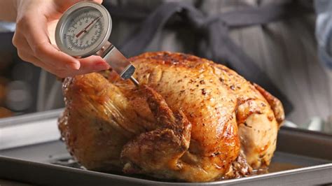 Termómetro de cocina midiendo la temperatura interna de un pollo asado