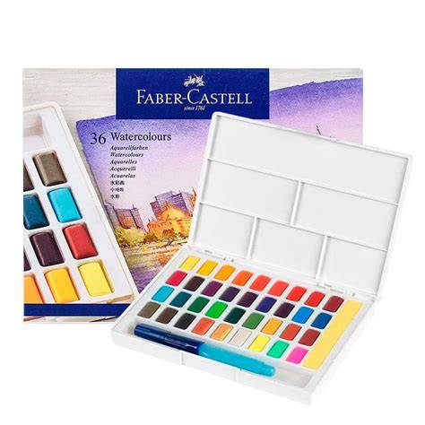 Esquema de las características de la caja de acuarelas Faber-Castell, incluyendo pincel de agua y paleta