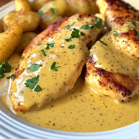Pollo a la mostaza terminado con guarnición